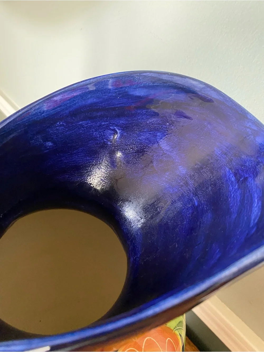 Vintage 90s Large Hand Painted Ceramic Vase / Jug Fruit Motif Blue Orange